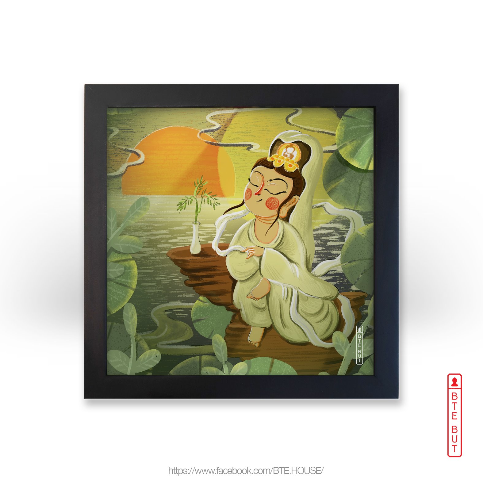 Tranh giấy Art - Quan Thế Âm Bồ Tát Tọa Thiền Trong Nắng Chiều