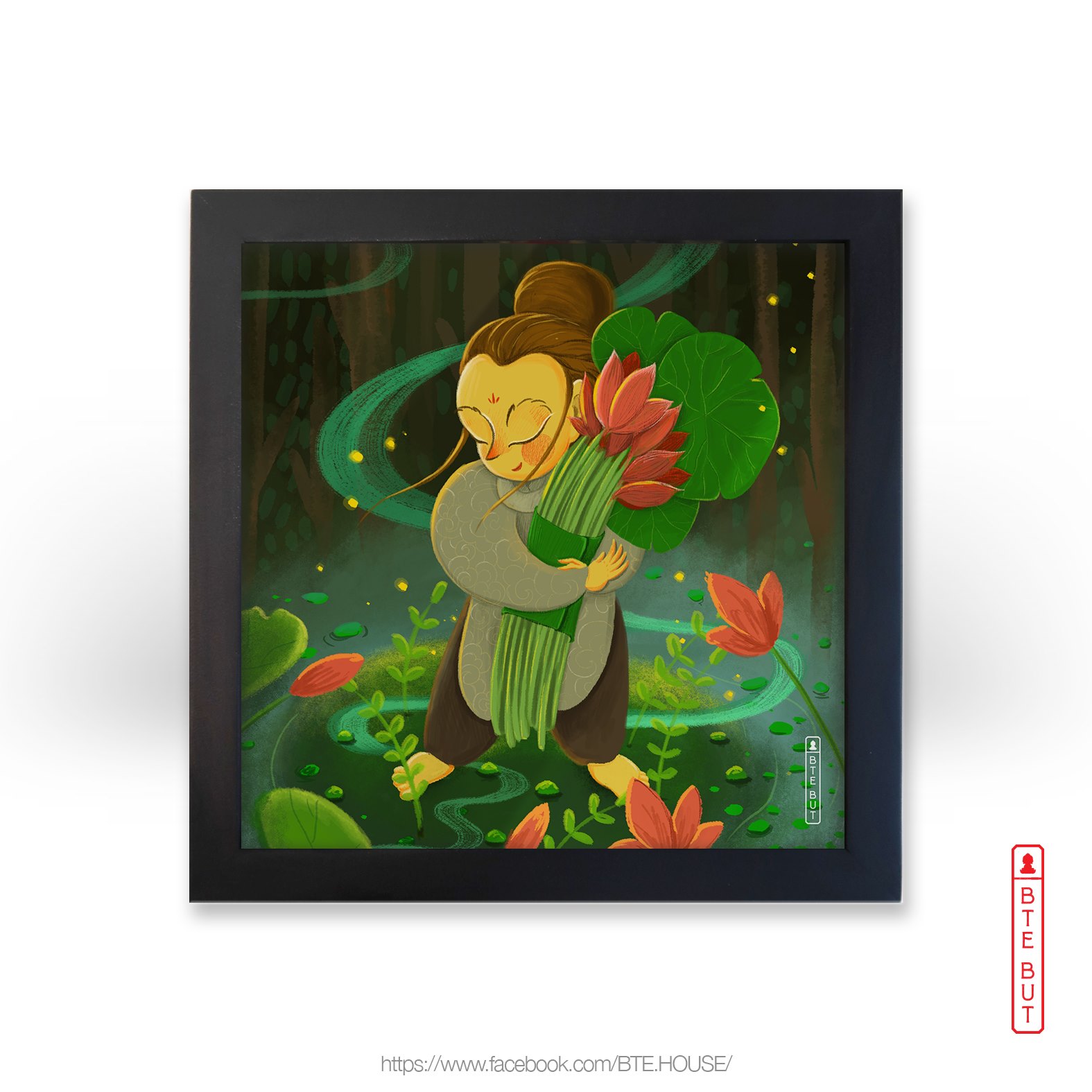 Tranh giấy Art - Quan Thế Âm Bồ Tát Và Bó Sen Hồng