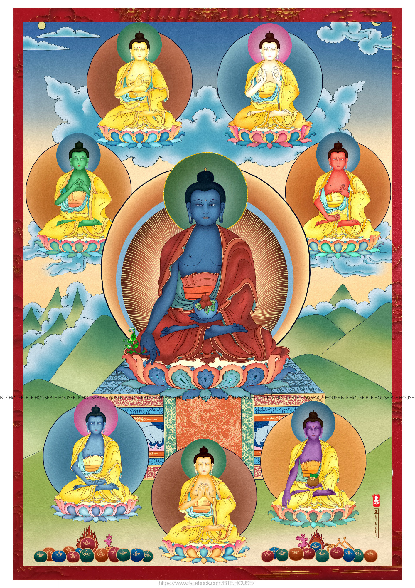 Tranh Giấy Ngọc Trai-Thất Phật Dược Sư- 7 Medicine Buddha