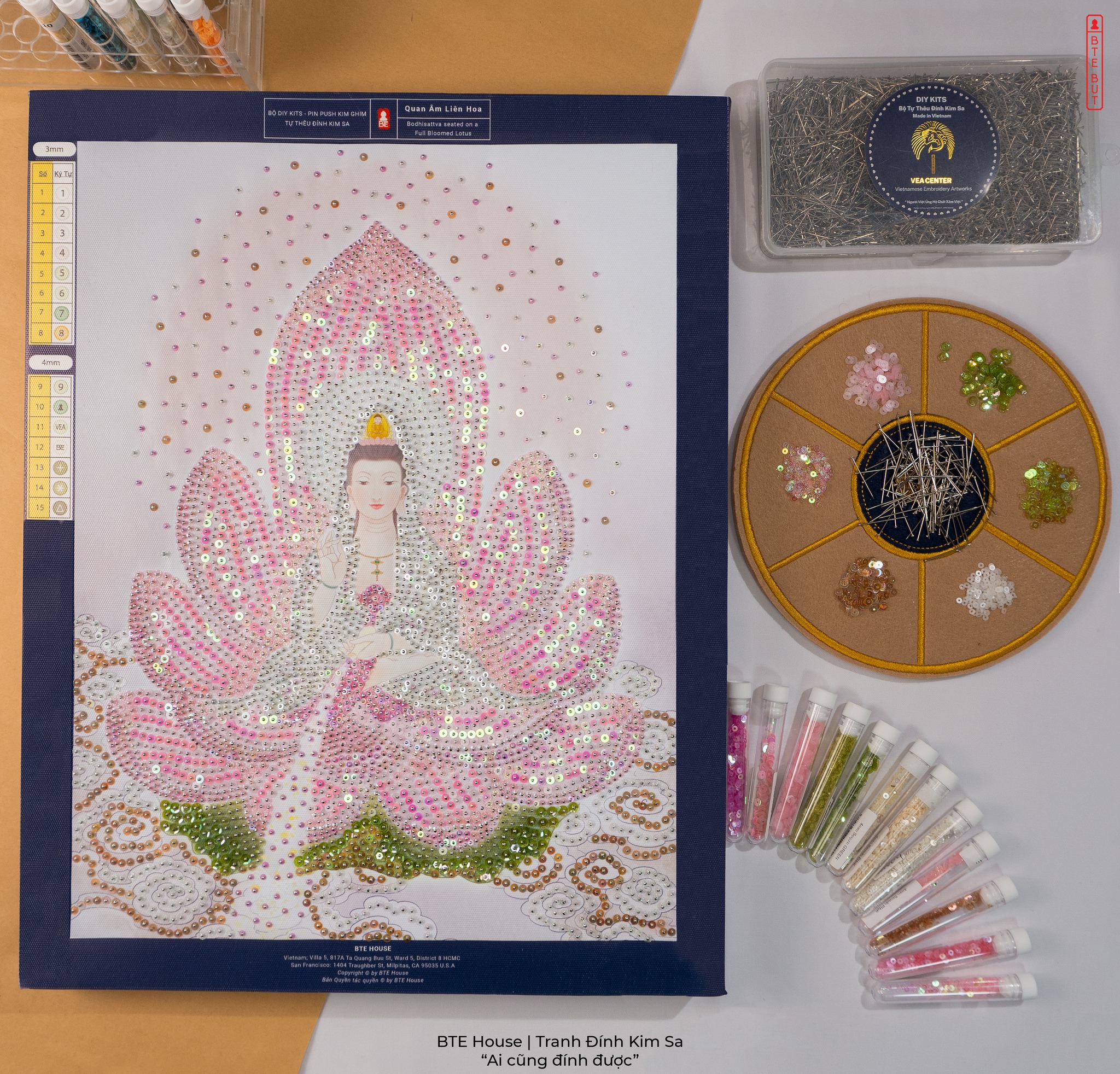 BTE Tranh Đính Kim Sa - Quan Âm Liên Hoa - Áo Hồng - 45x35cm - QALH1GBR1